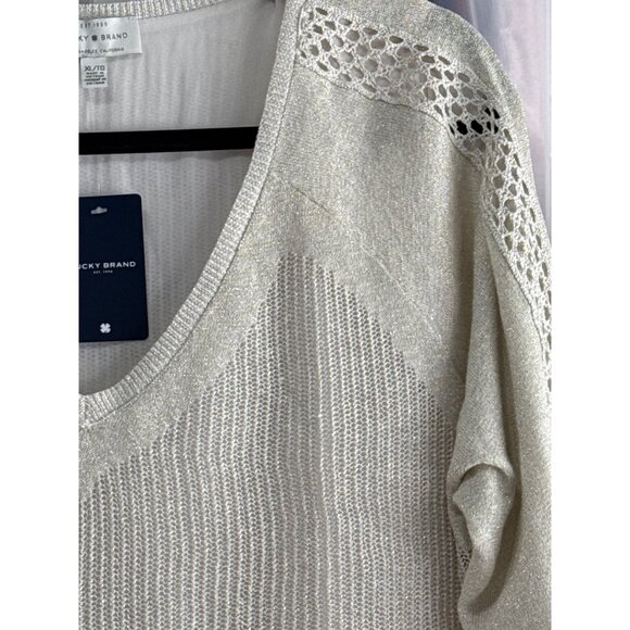 Lucky Brand Womens Metallic Knit Pullover Sweater Lace Shoulder XL Champagne - Picture 2 of 10